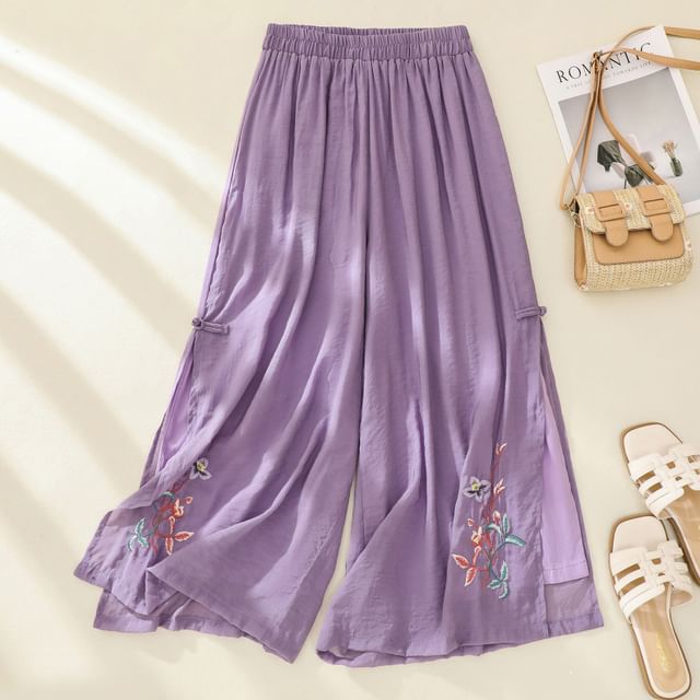 High Waist Flower Embroidered Wide Leg Pants SpreePicky