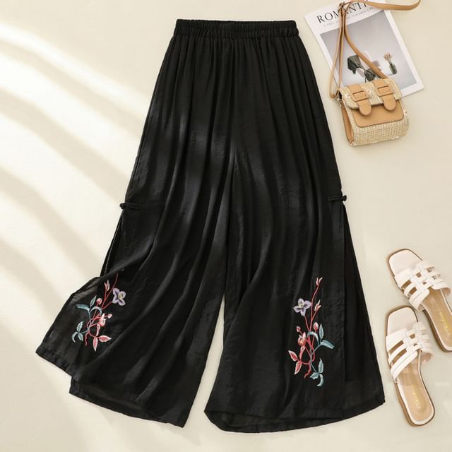 High Waist Flower Embroidered Wide Leg Pants SpreePicky