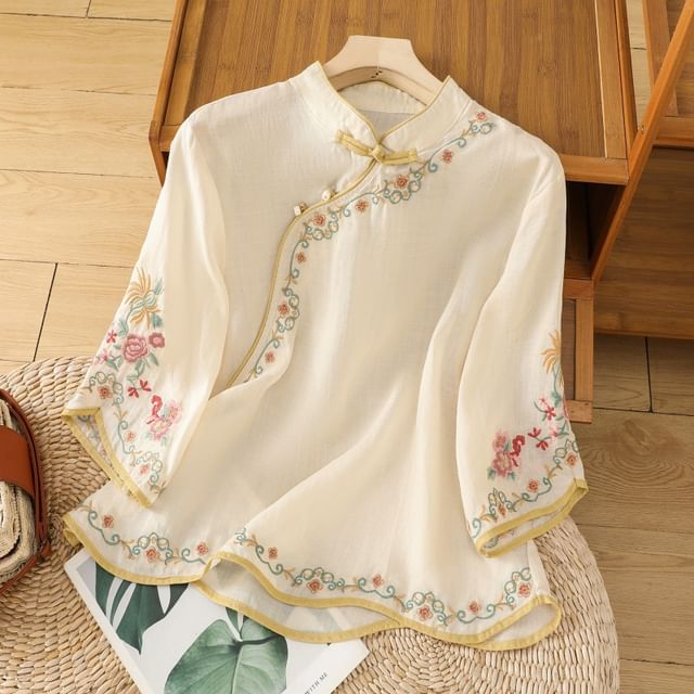 Elbow-Sleeve Flower Embroidered Blouse SpreePicky