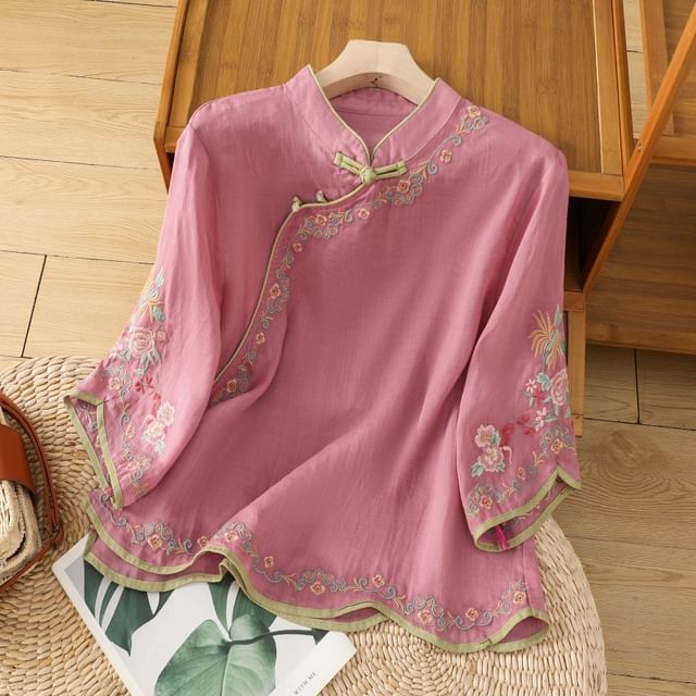 Elbow-Sleeve Flower Embroidered Blouse SpreePicky