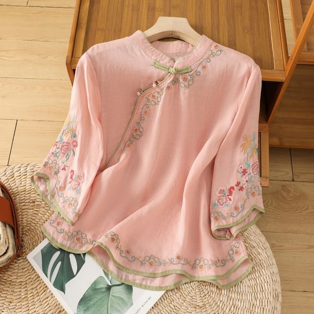 Elbow-Sleeve Flower Embroidered Blouse SpreePicky