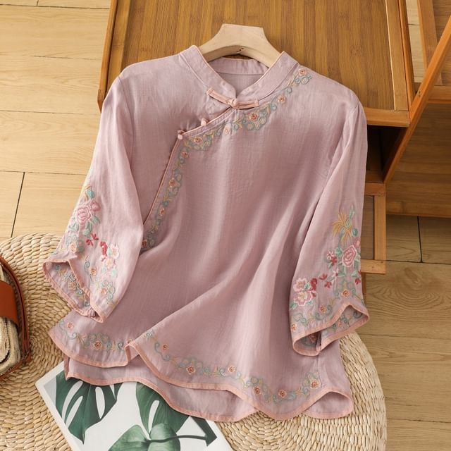 Elbow-Sleeve Flower Embroidered Blouse SpreePicky