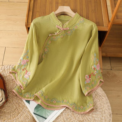 Elbow-Sleeve Flower Embroidered Blouse SpreePicky