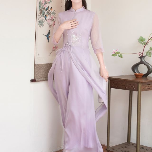 Set: Elbow-Sleeve Flower Embroidered Hanfu Blouse + High Waist Plain Wide Leg Pants SpreePicky