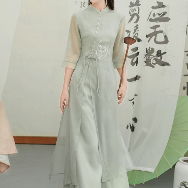 Set: Elbow-Sleeve Flower Embroidered Hanfu Blouse + High Waist Plain Wide Leg Pants SpreePicky