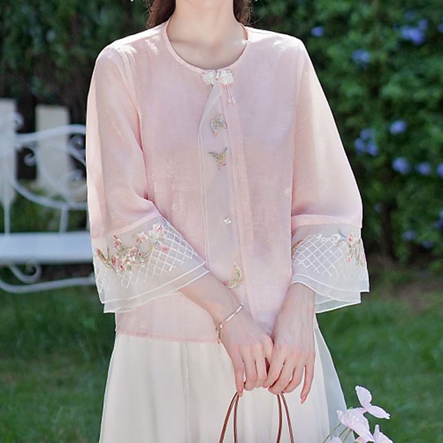 Flared-Sleeve Flower Embroidered Blouse / High Rise Plain Maxi A-Line Skirt SpreePicky