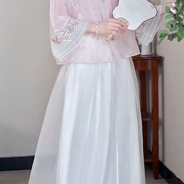 Flared-Sleeve Flower Embroidered Blouse / High Rise Plain Maxi A-Line Skirt SpreePicky