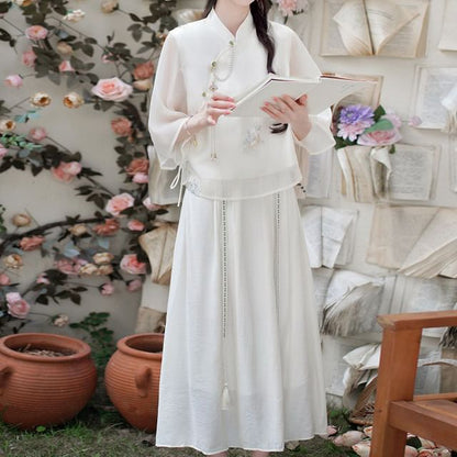 Set: Elbow-Sleeve Flower Embroidered Blouse + High Rise Plain Maxi A-Line Skirt SpreePicky