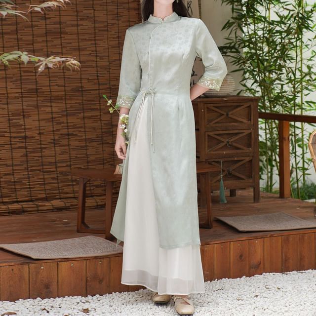 Elbow-Sleeve Floral Side-Slit Midi Hanfu Dress / High Waist Plain Wide Leg Pants / Set SpreePicky