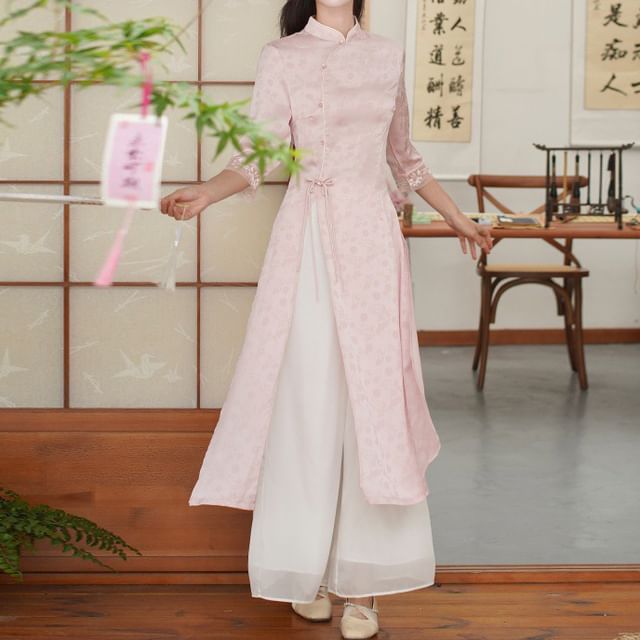 Elbow-Sleeve Floral Side-Slit Midi Hanfu Dress / High Waist Plain Wide Leg Pants / Set SpreePicky