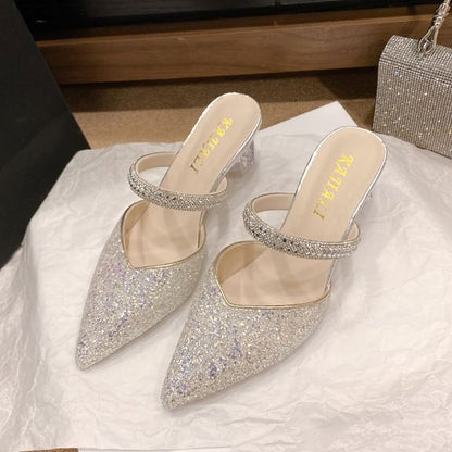 Pointy Rhinestone Sequined Chunky Heel Mules mySite