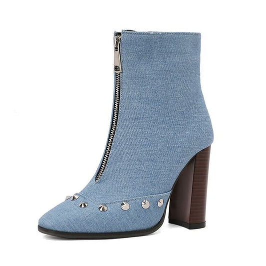 Denim Studded Pointed Toe Chunky Heel Short Boots SpreePicky