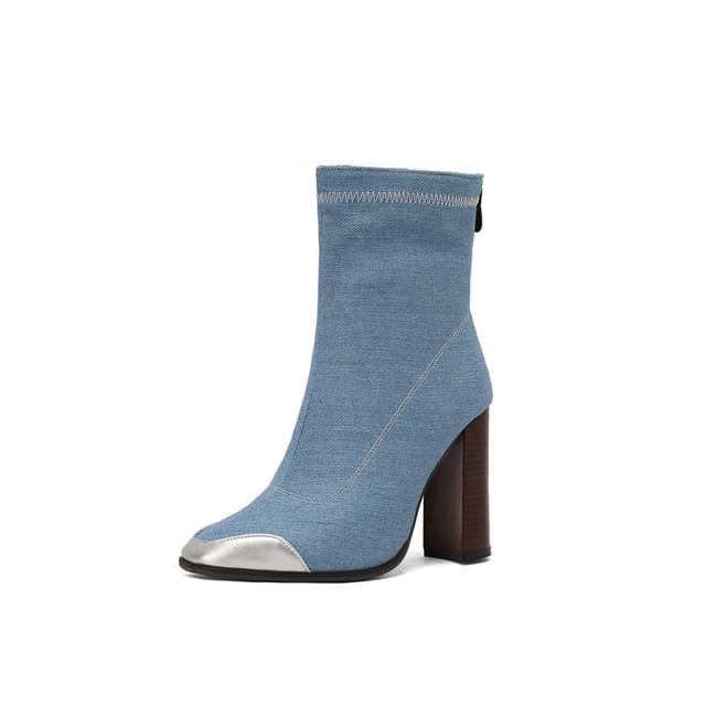 Denim Pointed Toe Chunky Heel Short Boots SpreePicky