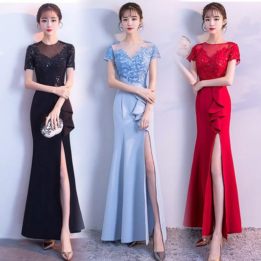 Short-Sleeve Embroidered Sequin Ruffle Side-Slit Mermaid Evening Gown SpreePicky