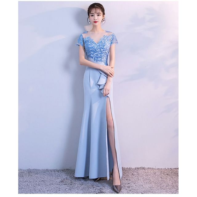 Short-Sleeve Embroidered Sequin Ruffle Side-Slit Mermaid Evening Gown SpreePicky