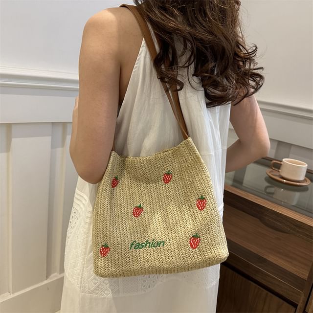 Embroidered Tote Bag With Faux Leather Strap SpreePicky