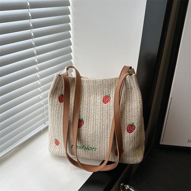 Embroidered Tote Bag With Faux Leather Strap SpreePicky