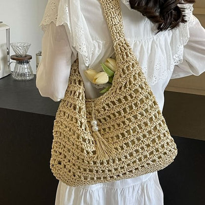 Perforated Tasseled Plain Tote Bag mySite