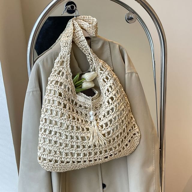 Perforated Tasseled Plain Tote Bag mySite