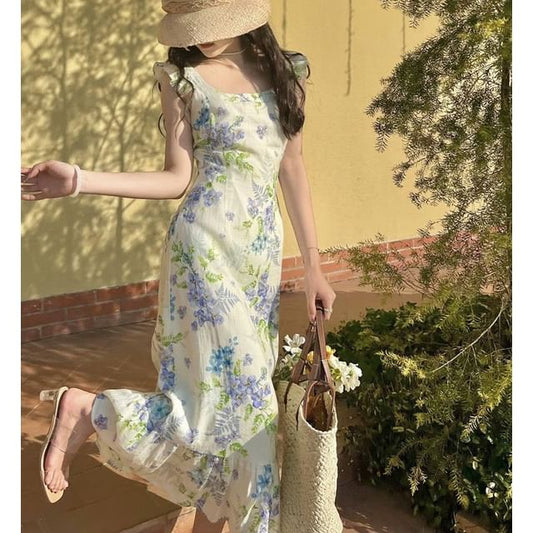 Ruffle Cap Sleeve Square Neck Floral Print Maxi Dress SpreePicky