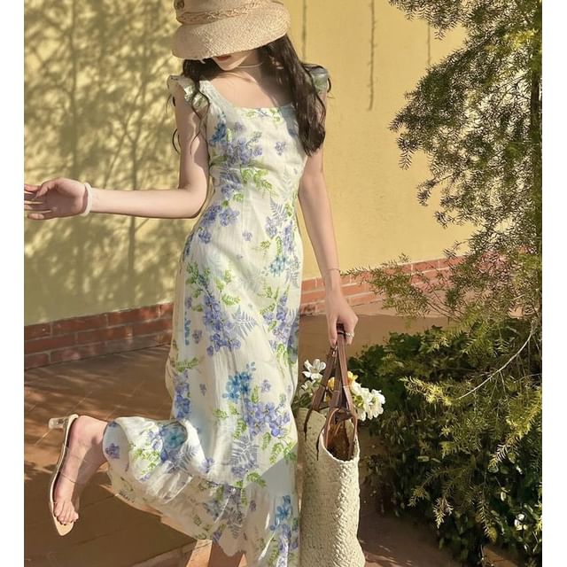 Ruffle Cap Sleeve Square Neck Floral Print Maxi Dress SpreePicky