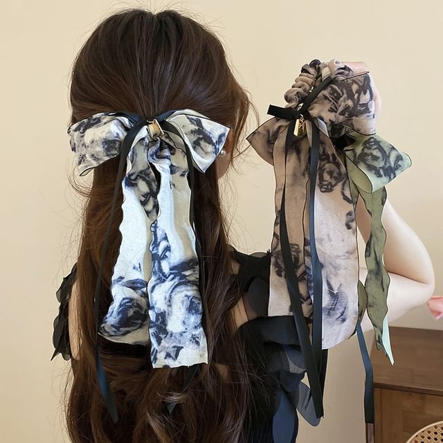 Elegant Retro Floral Print Bowknot Chiffon Hair Scarf Scrunchie SpreePicky