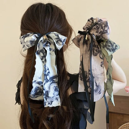 Elegant Retro Floral Print Bowknot Chiffon Hair Scarf Scrunchie SpreePicky