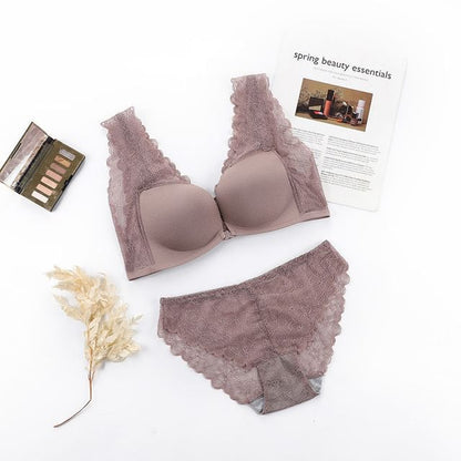 Plain Lace Panel Front Closure Wireless Bra / Panty / Set SpreePicky