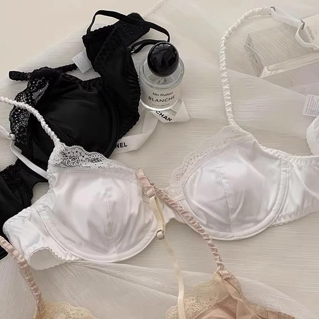 Plain Lace Trim Satin Bra / Panty / Set SpreePicky