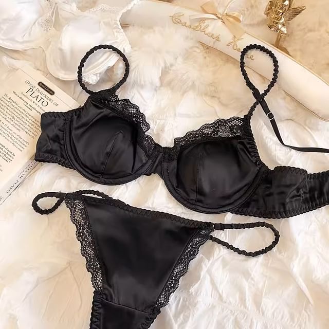 Plain Lace Trim Satin Bra / Panty / Set SpreePicky