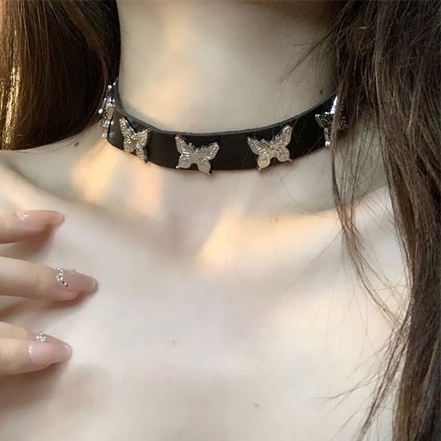 Butterfly Alloy Faux Leather Choker / Bracelet SpreePicky