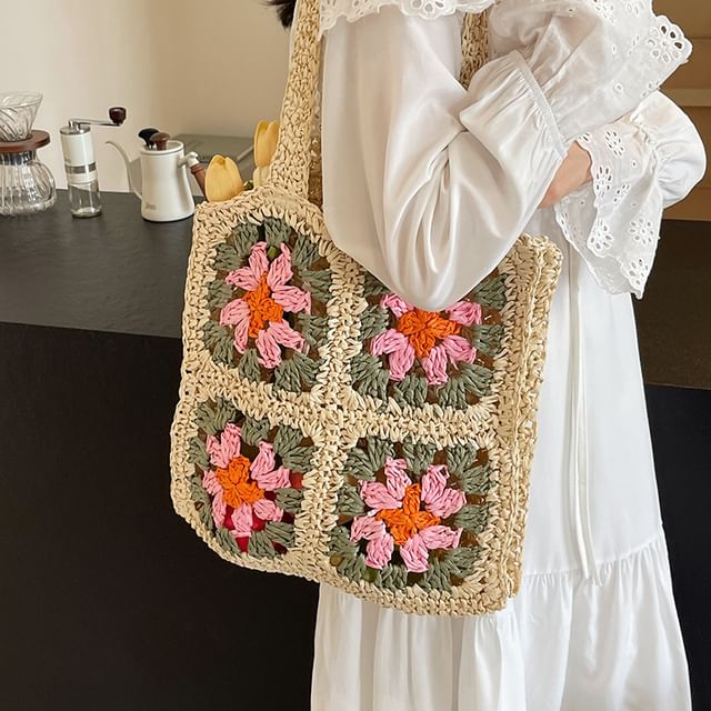 Floral Patterned Straw Tote Bag SpreePicky