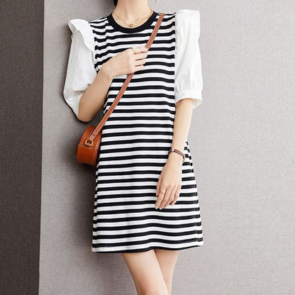 Short-Sleeve Round Neck Striped Panel Ruffle Trim Mini A-Line Dress mySite