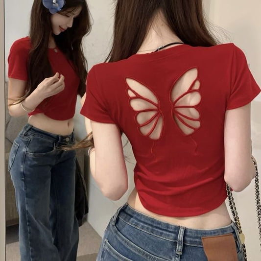 Short Sleeve Crew Neck Butterfly Cutout Crop T SpreePicky