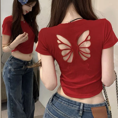 Short Sleeve Crew Neck Butterfly Cutout Crop T SpreePicky