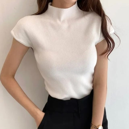 Cap Sleeve Mock Neck Plain Ribbed Knit Top mySite