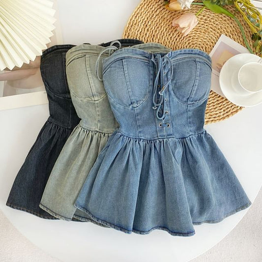 Lace-Up Peplum Denim Bustier Top mySite