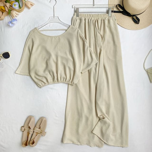 Set: Short-Sleeve Crew Neck Plain Open Back Crop Tee + Elastic Waist Wide Leg Pants mySite