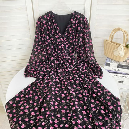 Long-Sleeve V-Neck Floral Midi A-Line Dress mySite