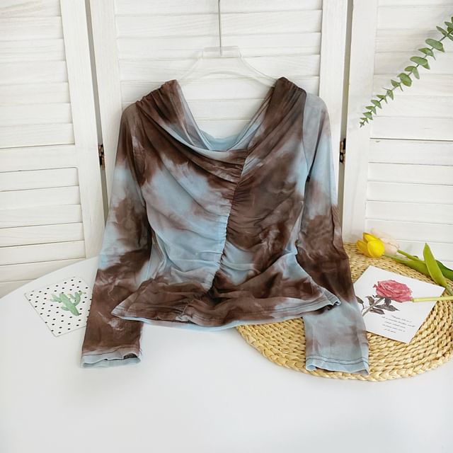 Long-Sleeve Cowl Neck Tie Dye Ruched Mesh Top mySite