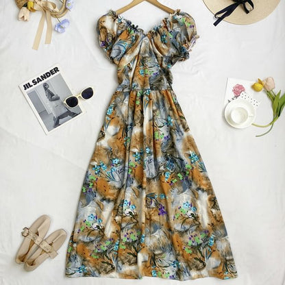 Cap-Sleeve V-Neck Floral Midi A-Line Dress mySite