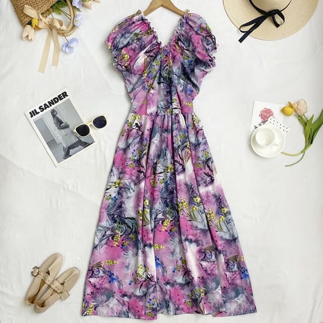 Cap-Sleeve V-Neck Floral Midi A-Line Dress mySite