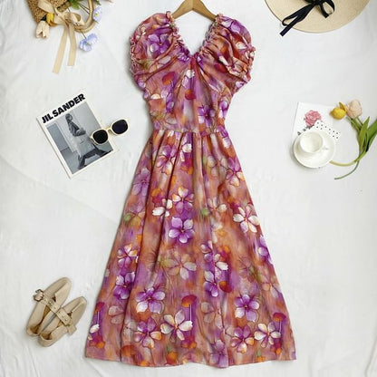 Cap-Sleeve V-Neck Floral Midi A-Line Dress mySite