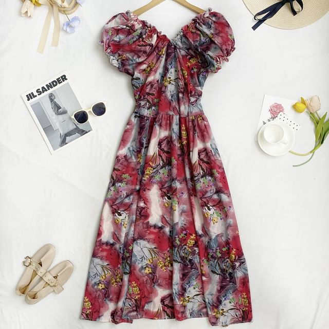 Cap-Sleeve V-Neck Floral Midi A-Line Dress mySite