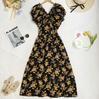 Cap-Sleeve V-Neck Floral Midi A-Line Dress mySite