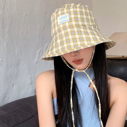 Lettering Applique Plaid Bucket Hat SpreePicky