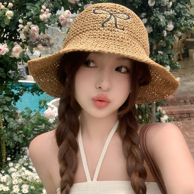 Bow Embroidered Knit Bucket Hat SpreePicky