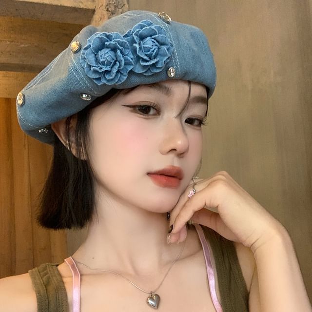 Flower Rhinestone Denim Beret SpreePicky