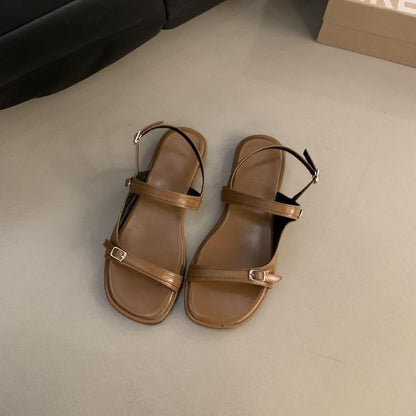 Plain Buckled Faux Leather Slingback Flat Sandals mySite