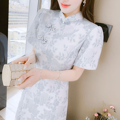 Traditional Chinese Short-Sleeve Stand Collar Faux Pearl Accent Frog Buttoned Lace Midi A-Line Dress SpreePicky